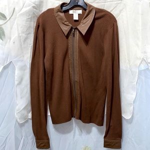 K•I•K•I•T MAURICE SASSON BROWN RIBBED ZIP CARDIGAN FAUX LEATHER TRIM SZ L